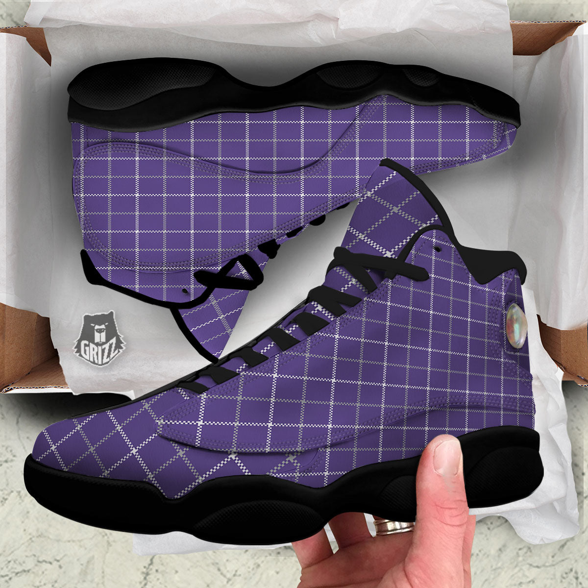 Grey Purple And White Tattersall Print Pattern Black Basketball Shoes-grizzshop