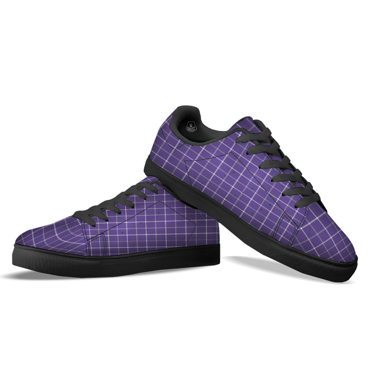 Grey Purple And White Tattersall Print Pattern Black Low Top Sneakers-grizzshop
