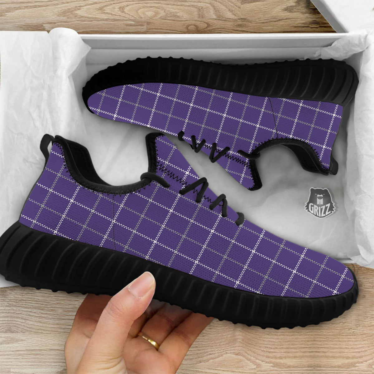 Grey Purple And White Tattersall Print Pattern Black Walking Shoes-grizzshop
