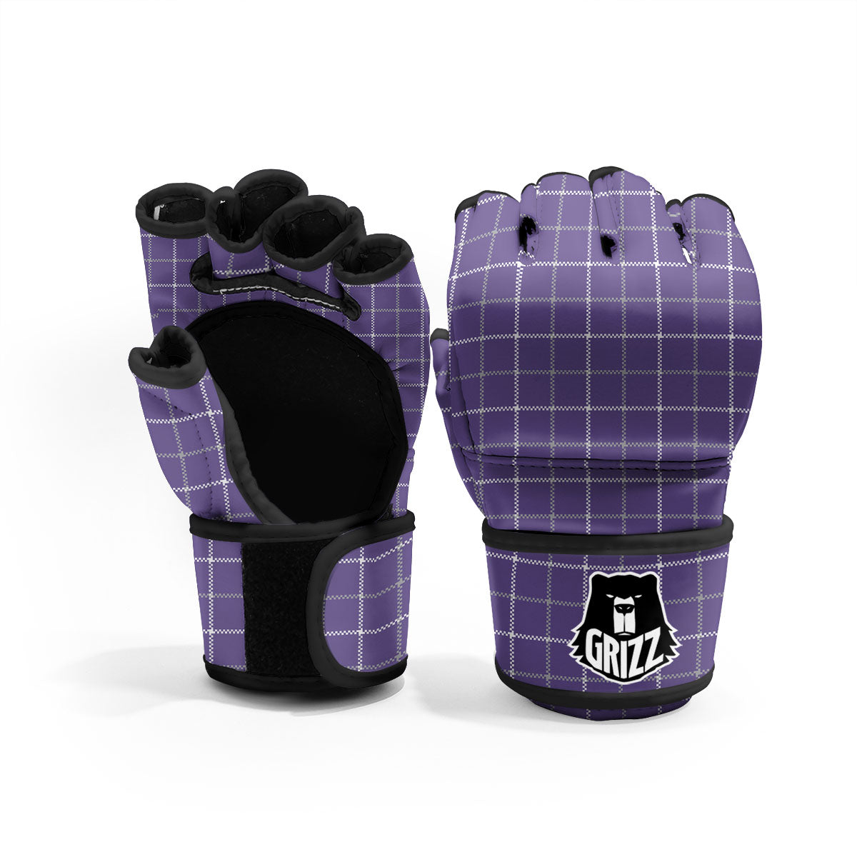 Grey Purple And White Tattersall Print Pattern MMA Gloves-grizzshop