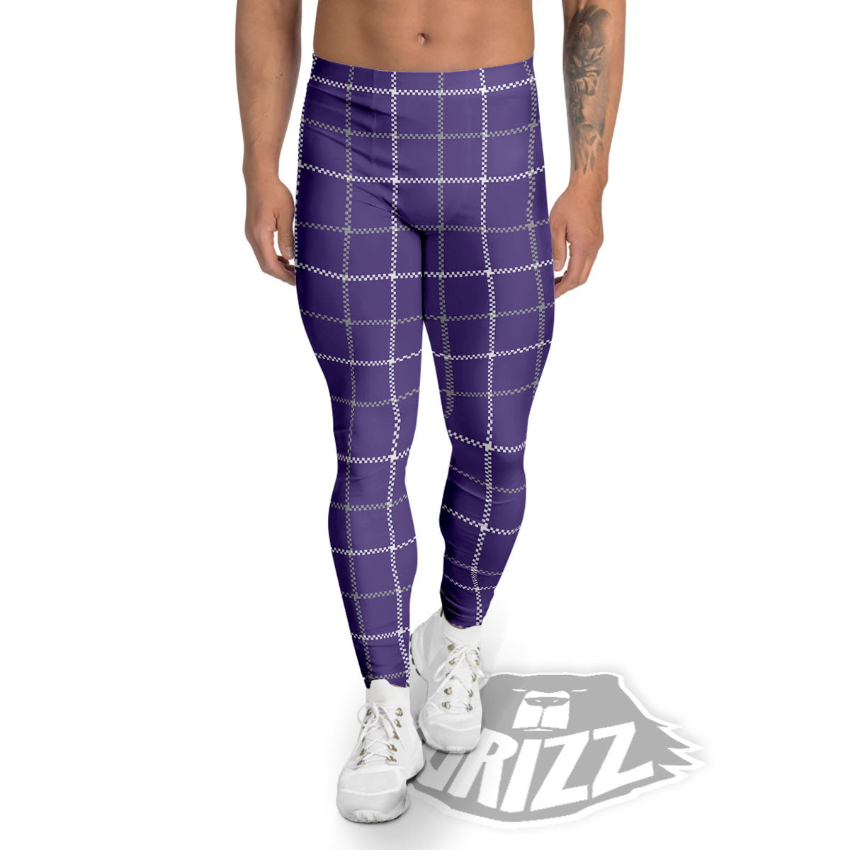 Grey Purple And White Tattersall Print Pattern Men's Leggings-grizzshop