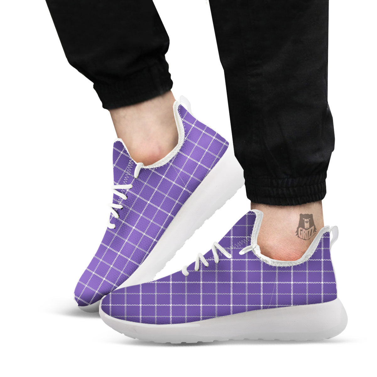 Grey Purple And White Tattersall Print Pattern White Athletic Shoes-grizzshop