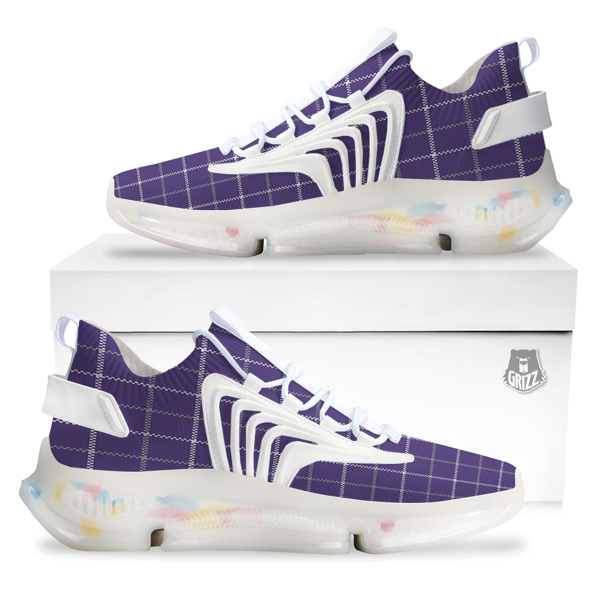Grey Purple And White Tattersall Print Pattern White Gym Shoes-grizzshop