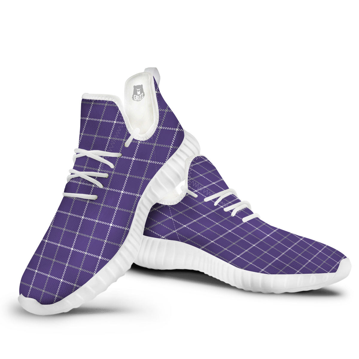Grey Purple And White Tattersall Print Pattern White Walking Shoes-grizzshop