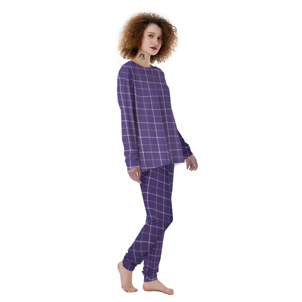 Grey Purple And White Tattersall Print Pattern Women's Pajamas-grizzshop