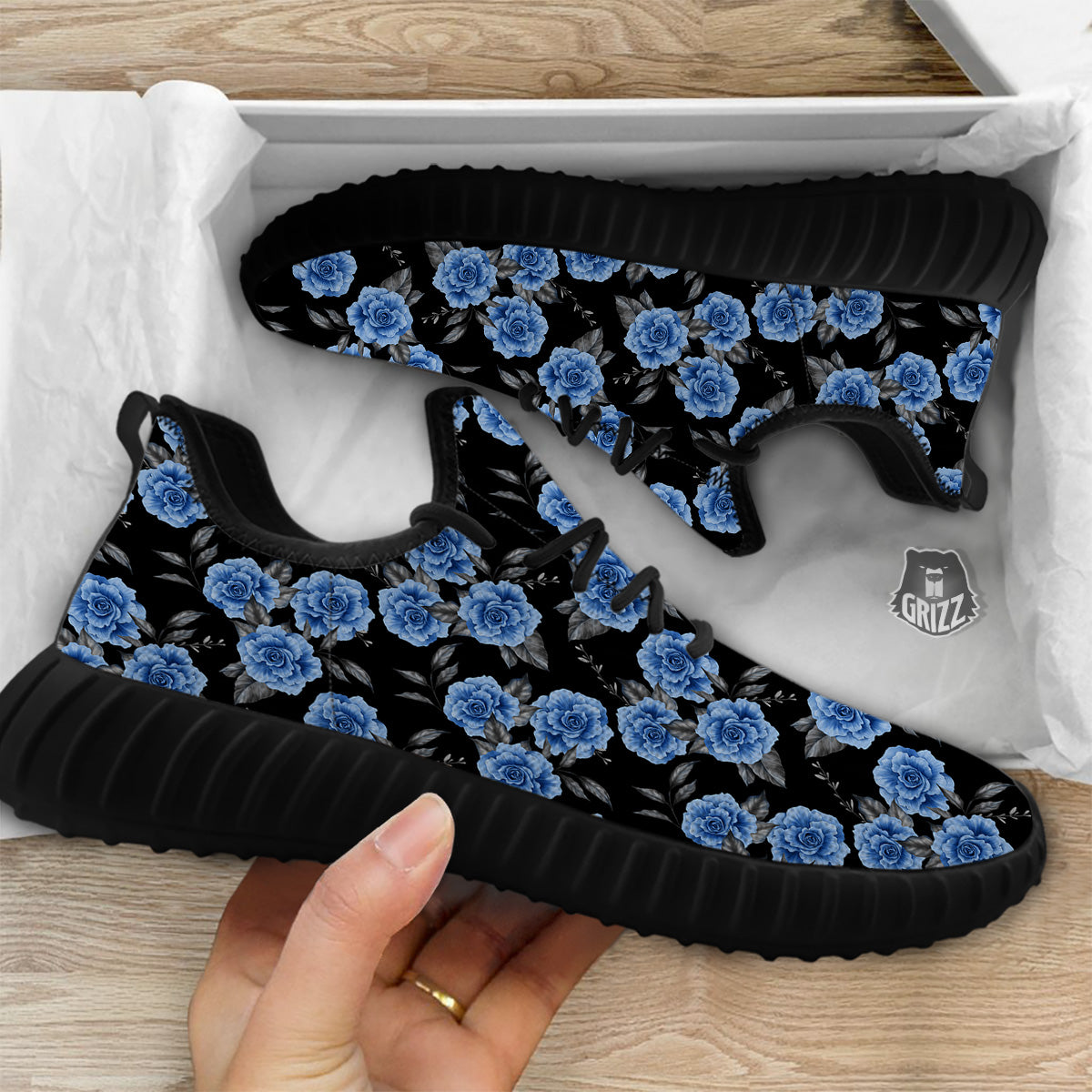 Grey Rose Floral And Blue Peony Print Black Walking Shoes-grizzshop