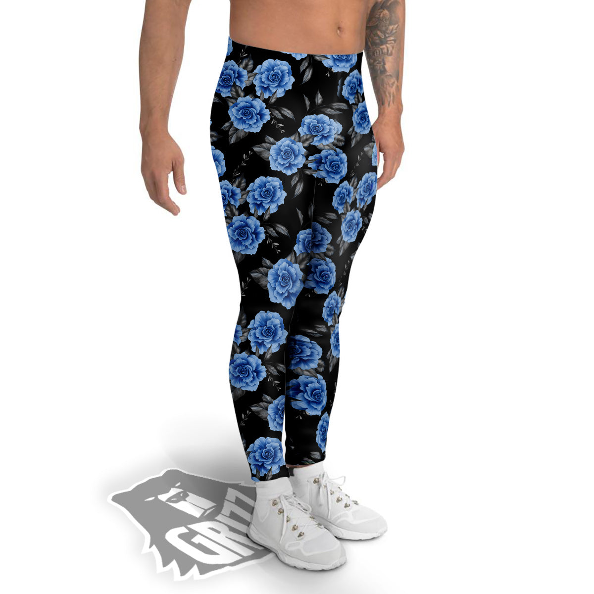 Grey Rose Floral And Blue Peony Print Men's Leggings-grizzshop