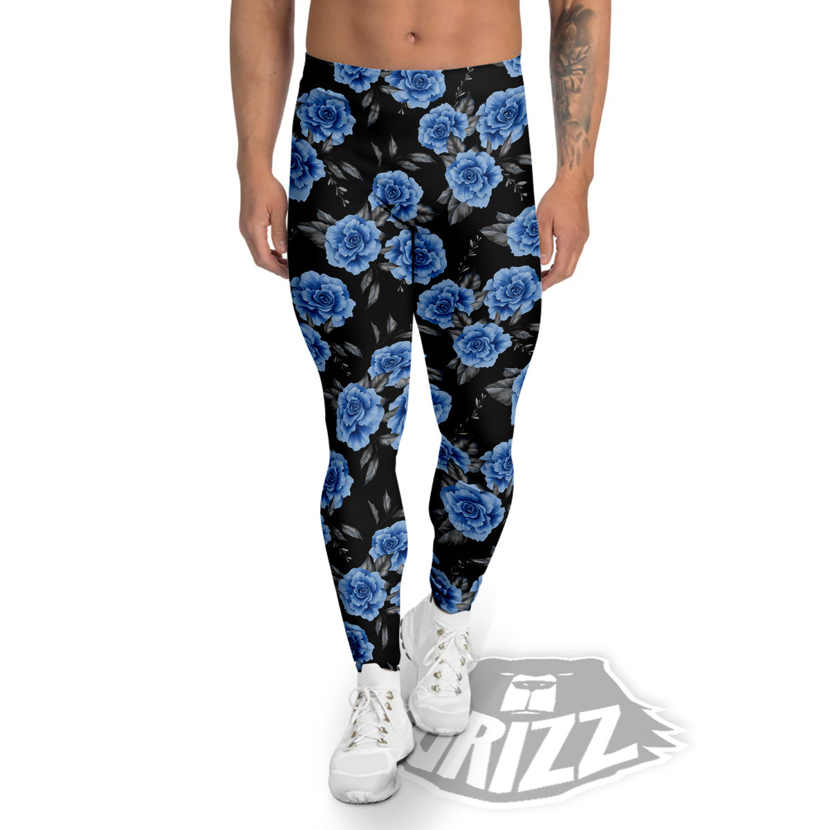 Grey Rose Floral And Blue Peony Print Men's Leggings-grizzshop
