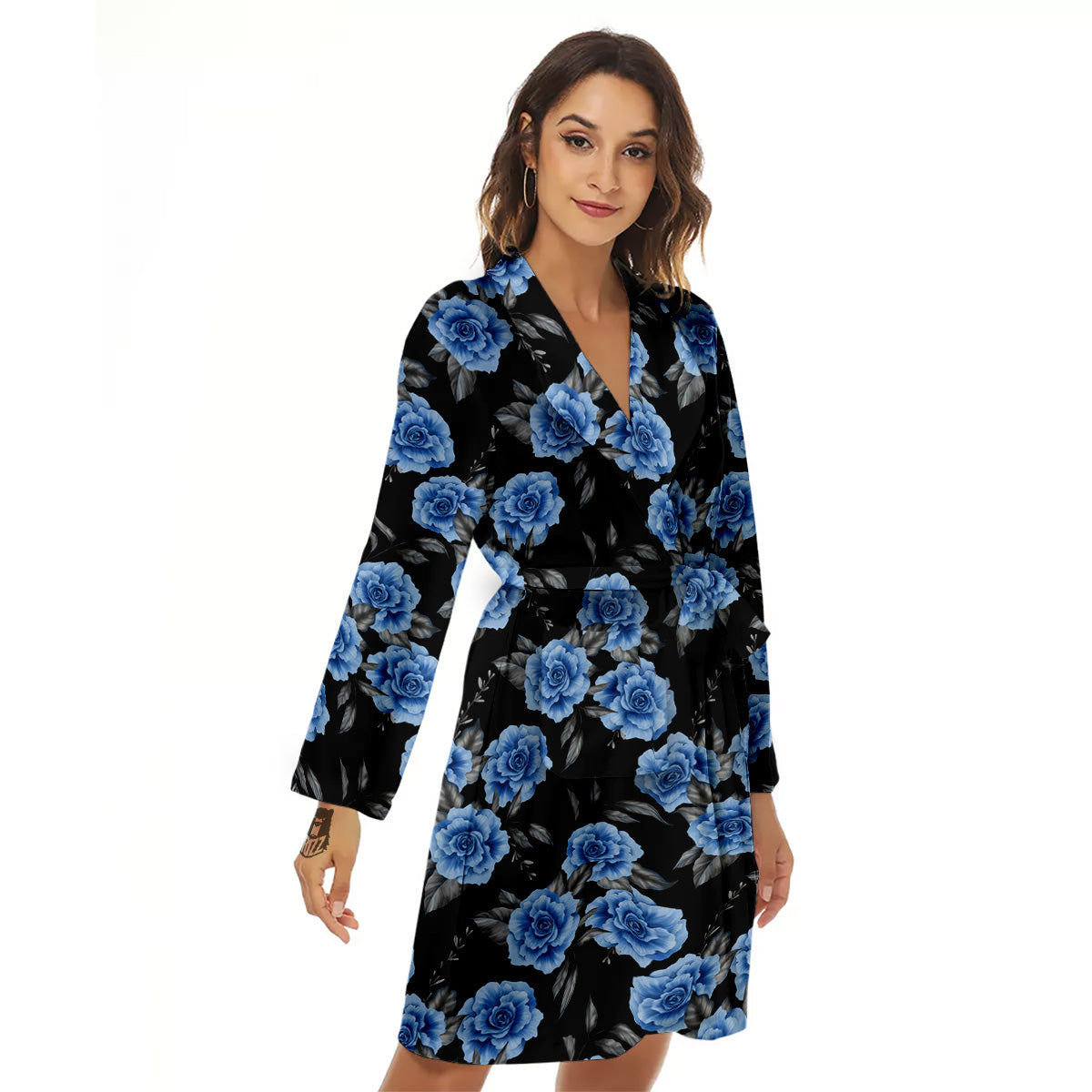 Grey Rose Floral And Blue Peony Print Women's Robe-grizzshop