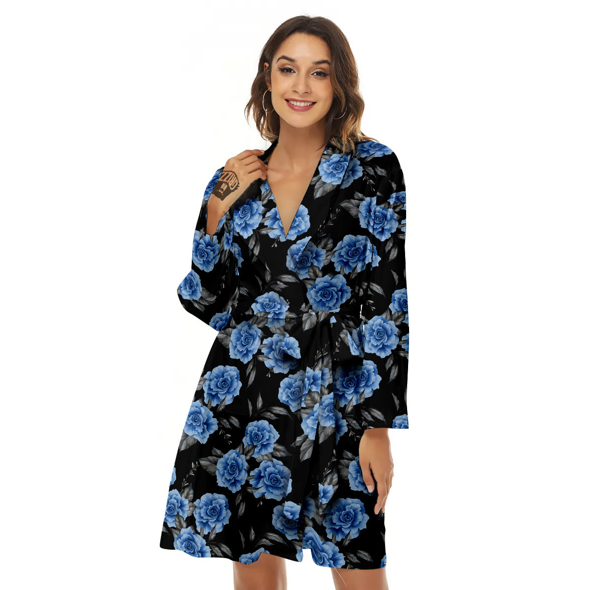 Grey Rose Floral And Blue Peony Print Women's Robe-grizzshop
