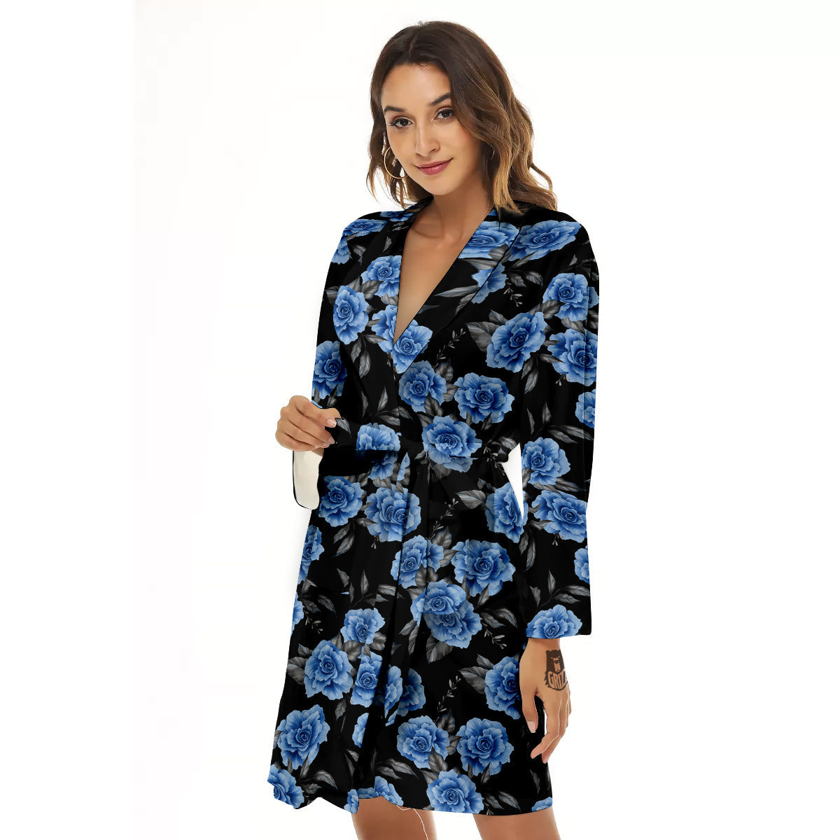 Grey Rose Floral And Blue Peony Print Women's Robe-grizzshop