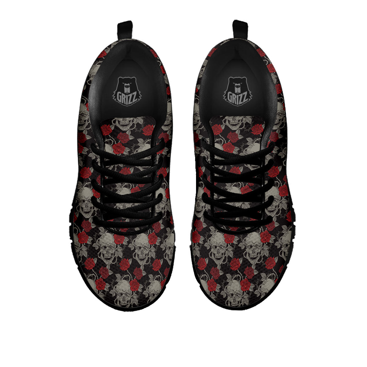 Grey Skull Red Rose Print Pattern Black Sneaker-grizzshop