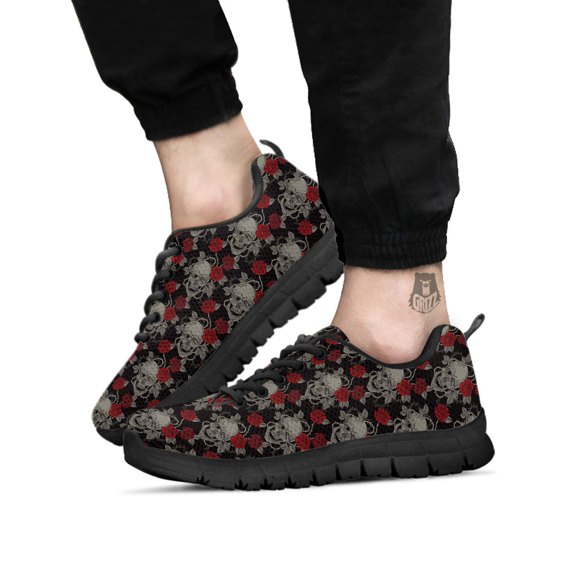 Grey Skull Red Rose Print Pattern Black Sneaker-grizzshop