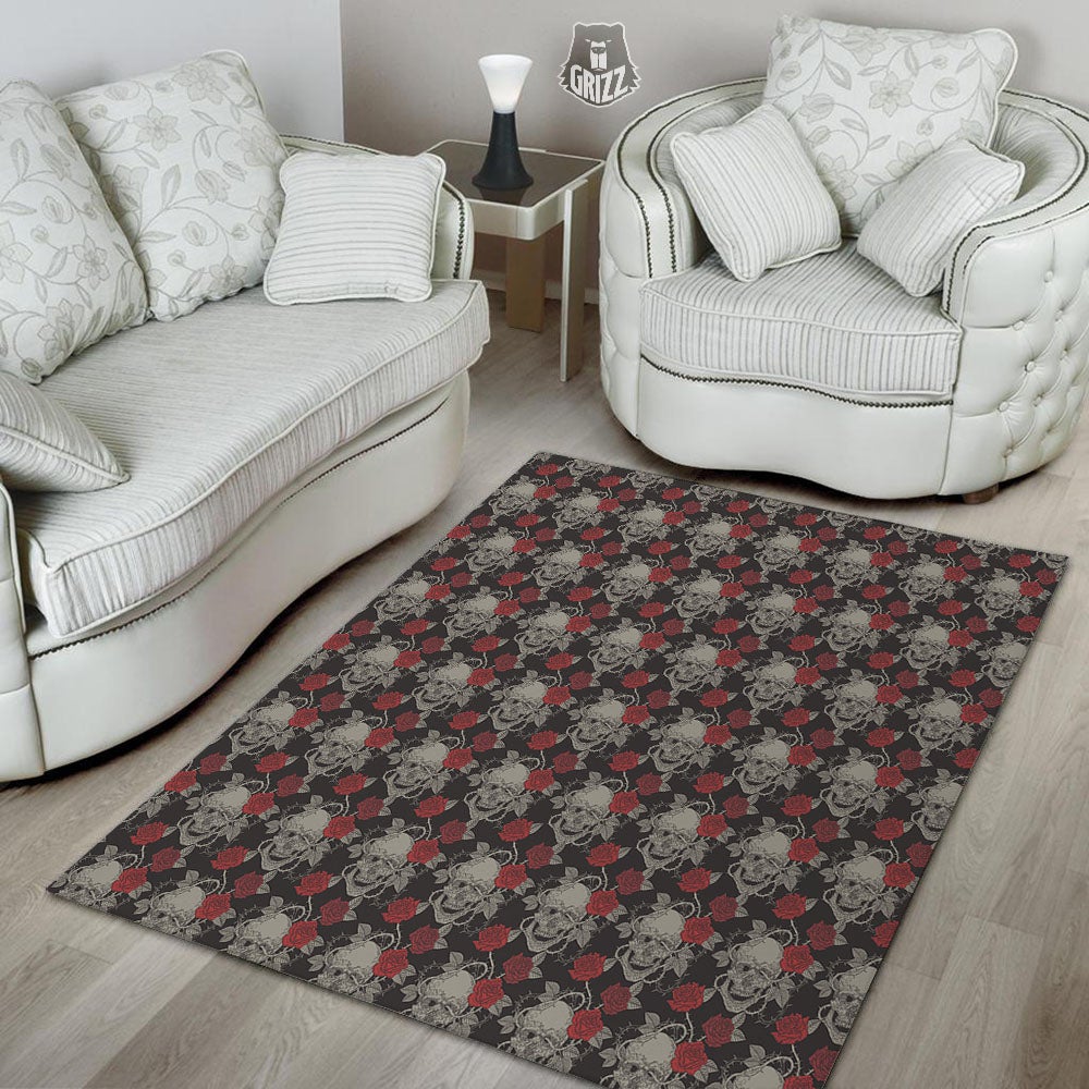 Grey Skull Red Rose Print Pattern Floor Mat-grizzshop