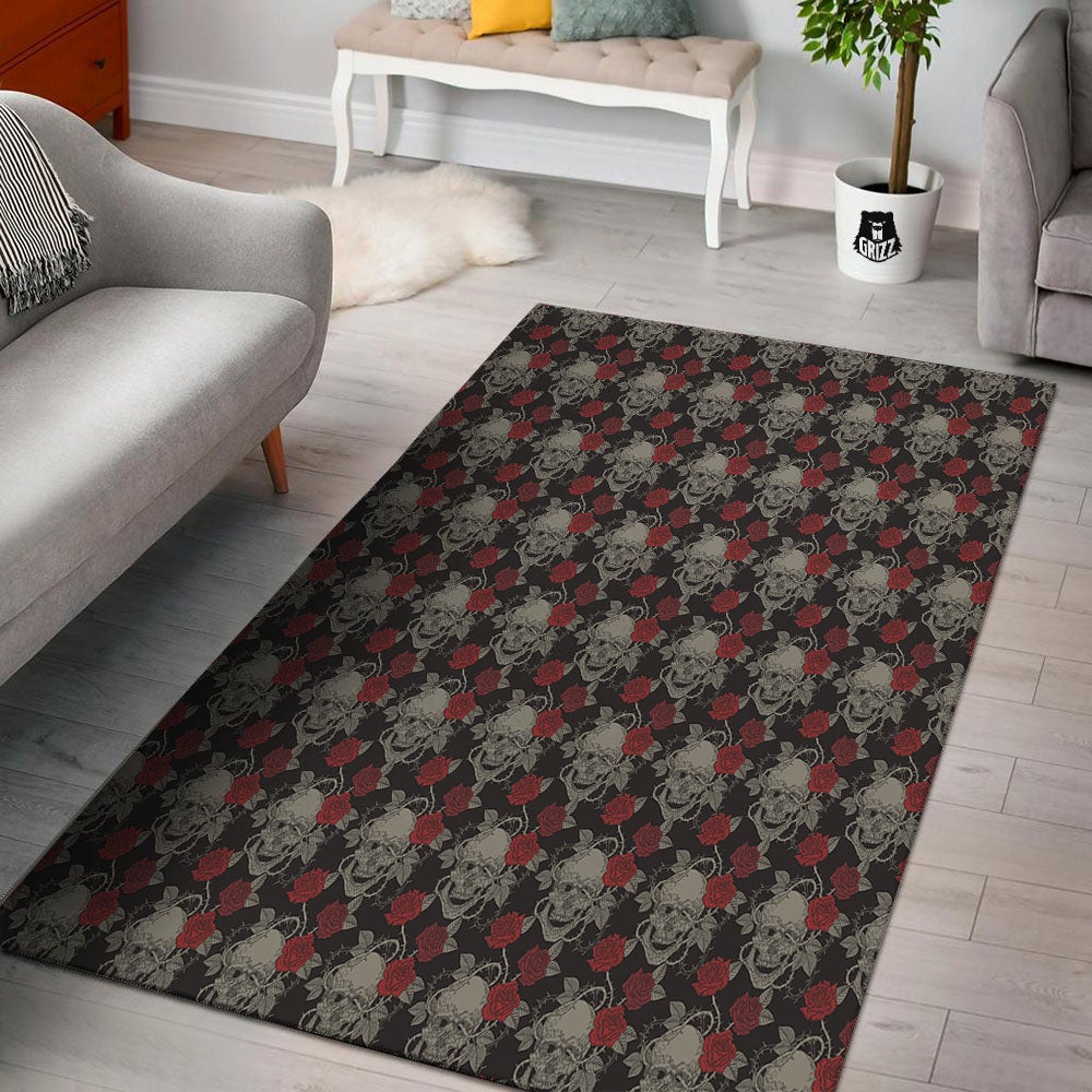 Grey Skull Red Rose Print Pattern Floor Mat-grizzshop