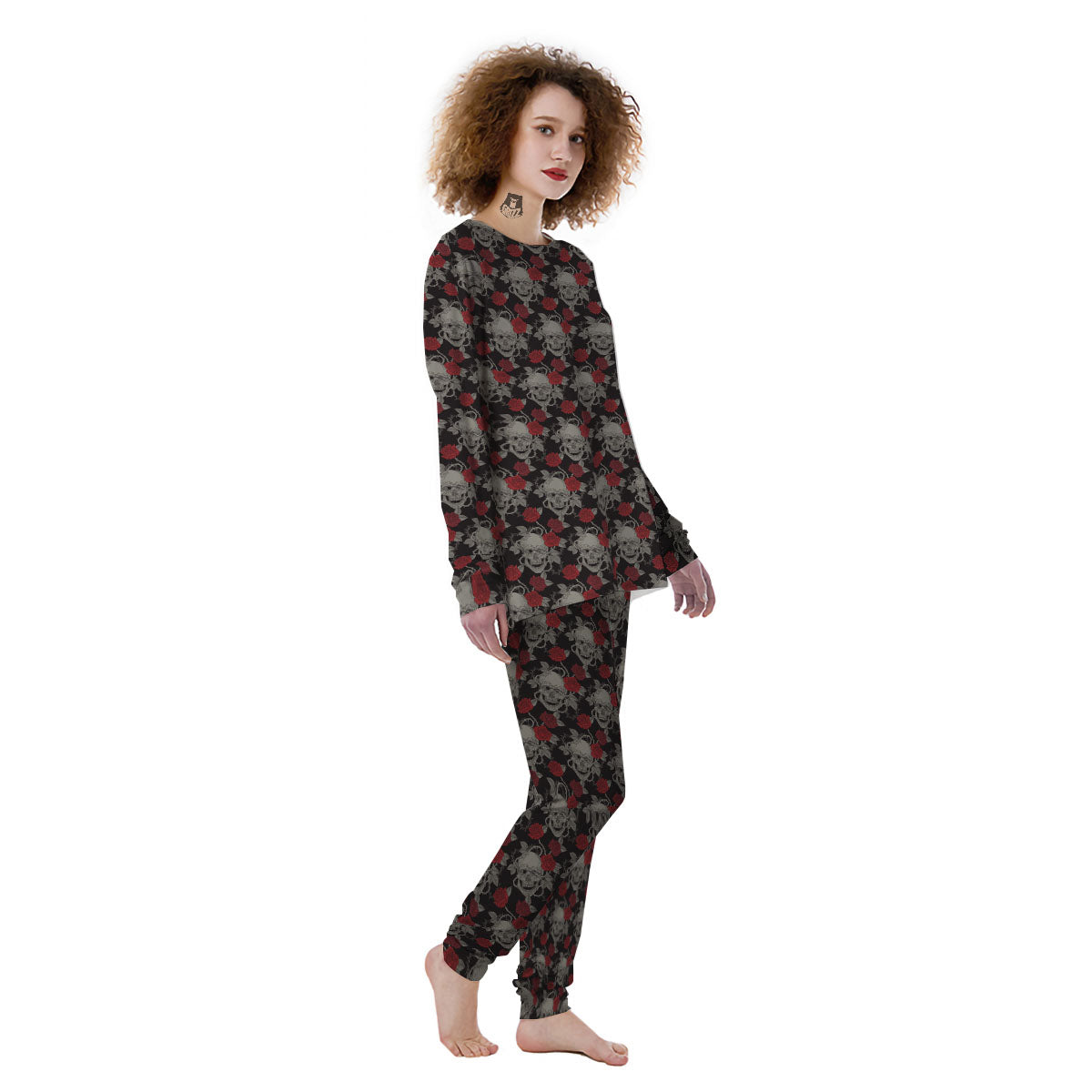 Grey Skull Red Rose Print Pattern Women's Pajamas-grizzshop