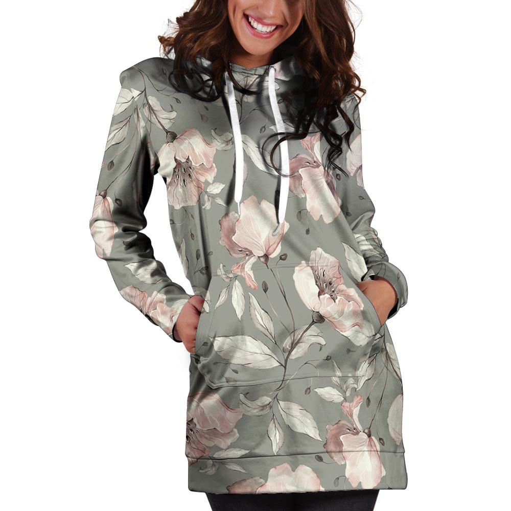 Grey Vintage Floral Print Hoodie Dress-grizzshop
