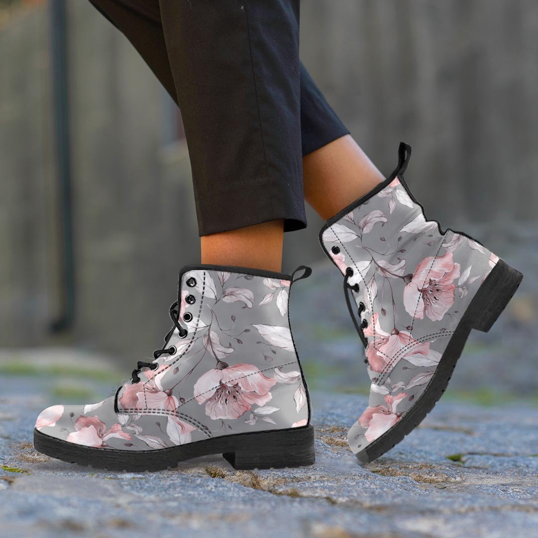 Grey Vintage Floral Print Men's Boots-grizzshop