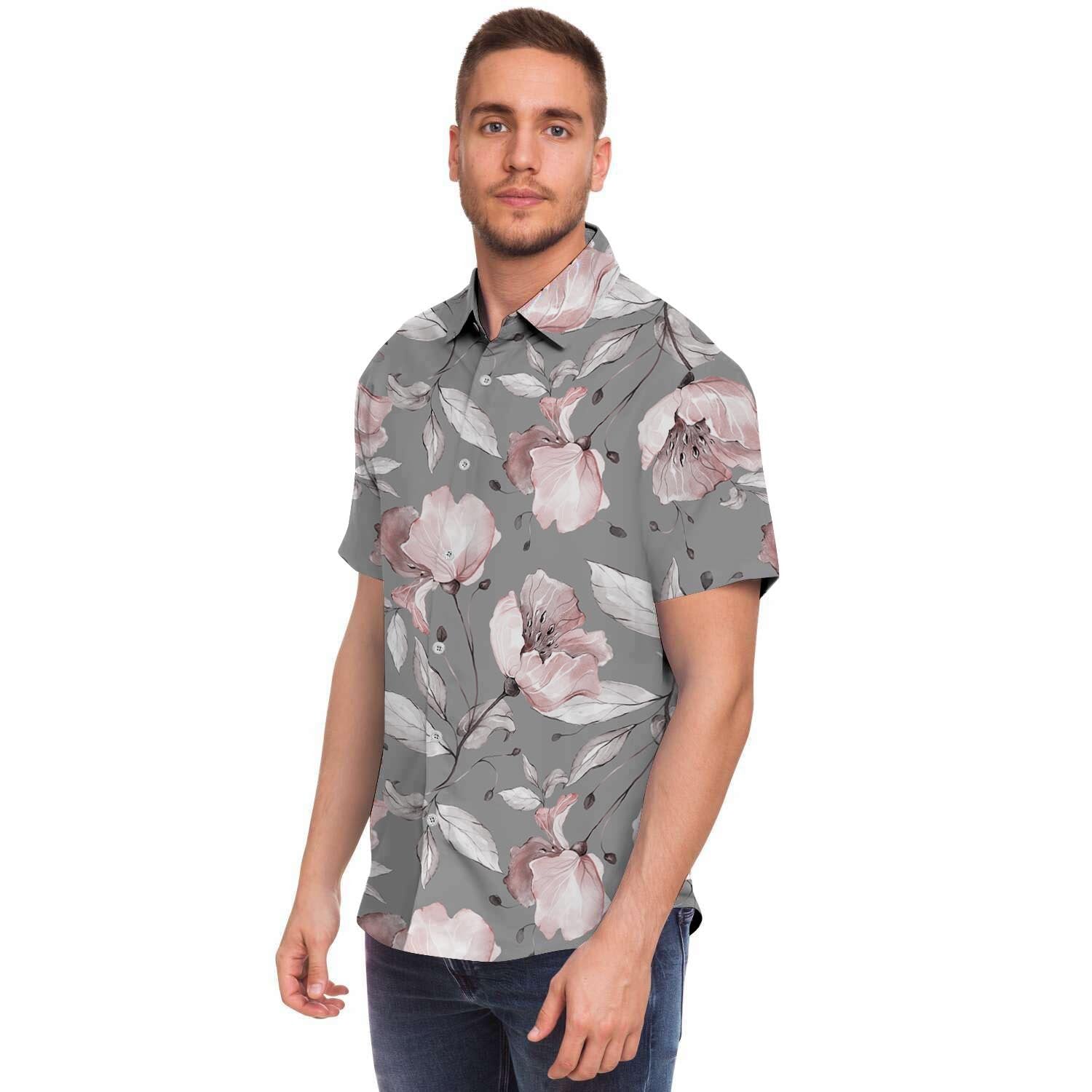 Grey Vintage Floral Print Men's Short Sleeve Shirt-grizzshop