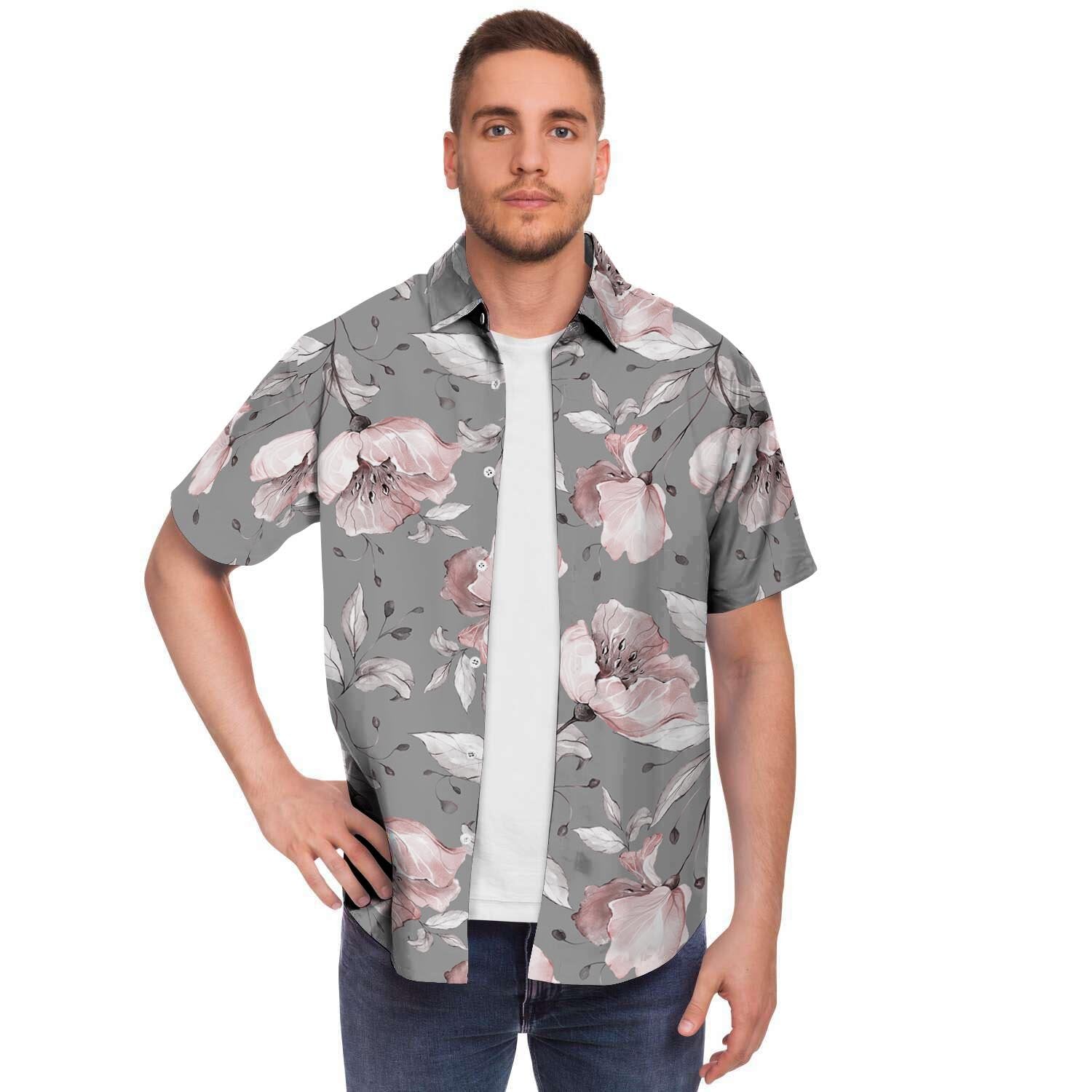 Grey Vintage Floral Print Men's Short Sleeve Shirt-grizzshop