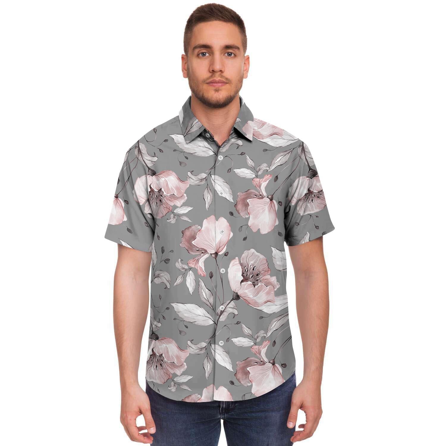 Grey Vintage Floral Print Men's Short Sleeve Shirt-grizzshop