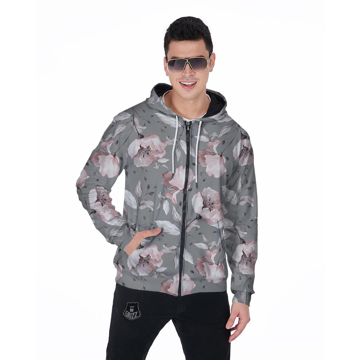 Grey Vintage Floral Print Men's Zip Up Hoodie-grizzshop