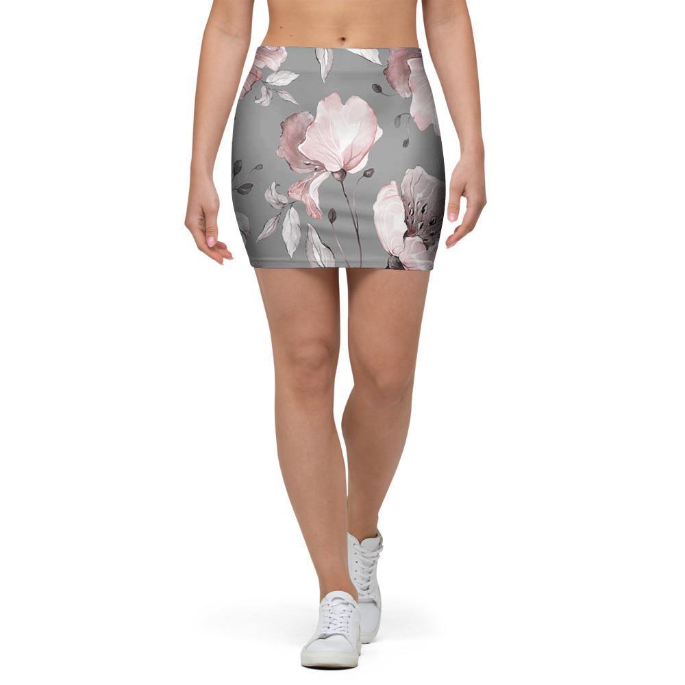 Grey Vintage Floral Print Mini Skirt-grizzshop