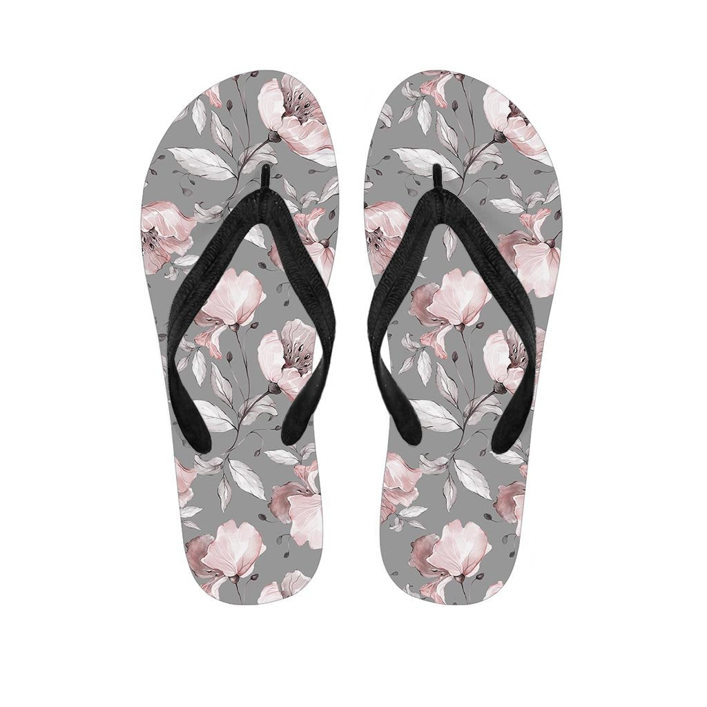 Grey Vintage Floral Print Women's Flip Flops-grizzshop
