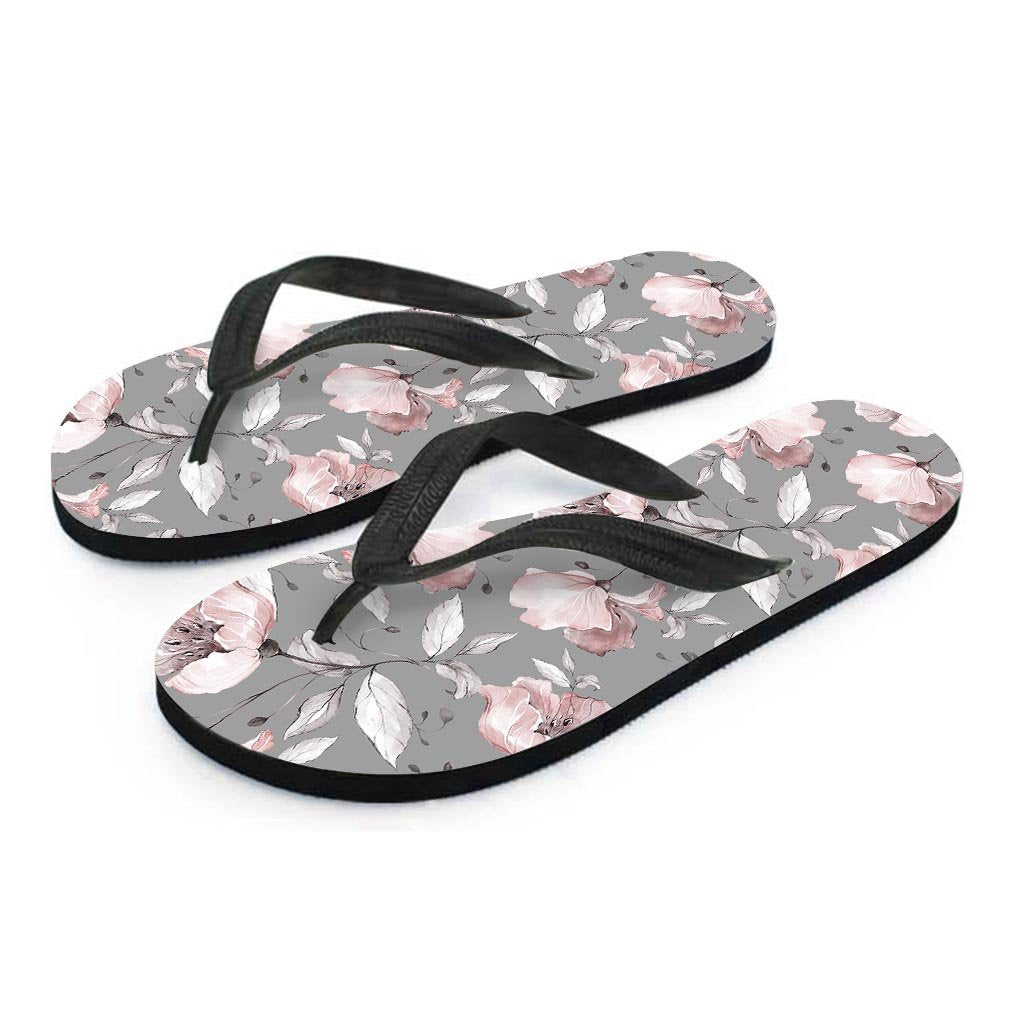 Grey Vintage Floral Print Women's Flip Flops-grizzshop