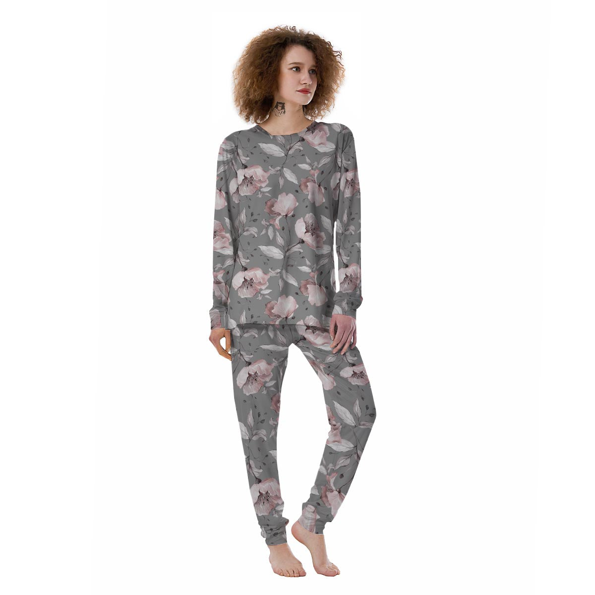 Grey Vintage Floral Print Women's Pajamas-grizzshop