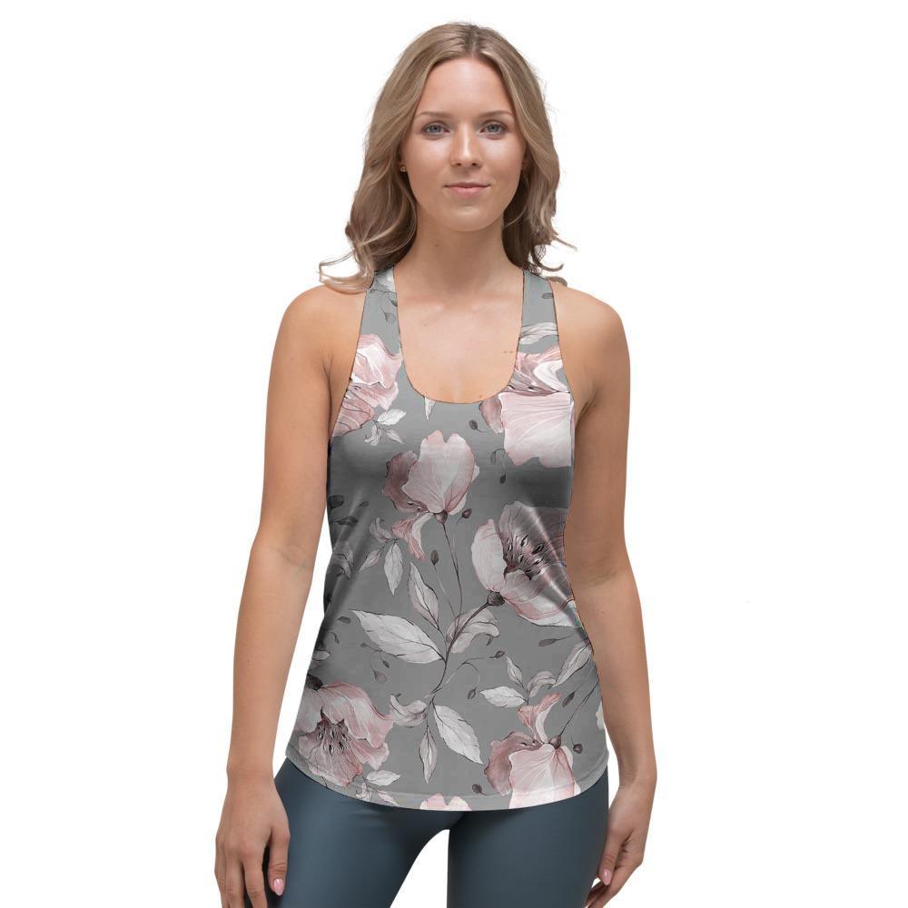 Grey Vintage Floral Print Women's Racerback Tank Top-grizzshop