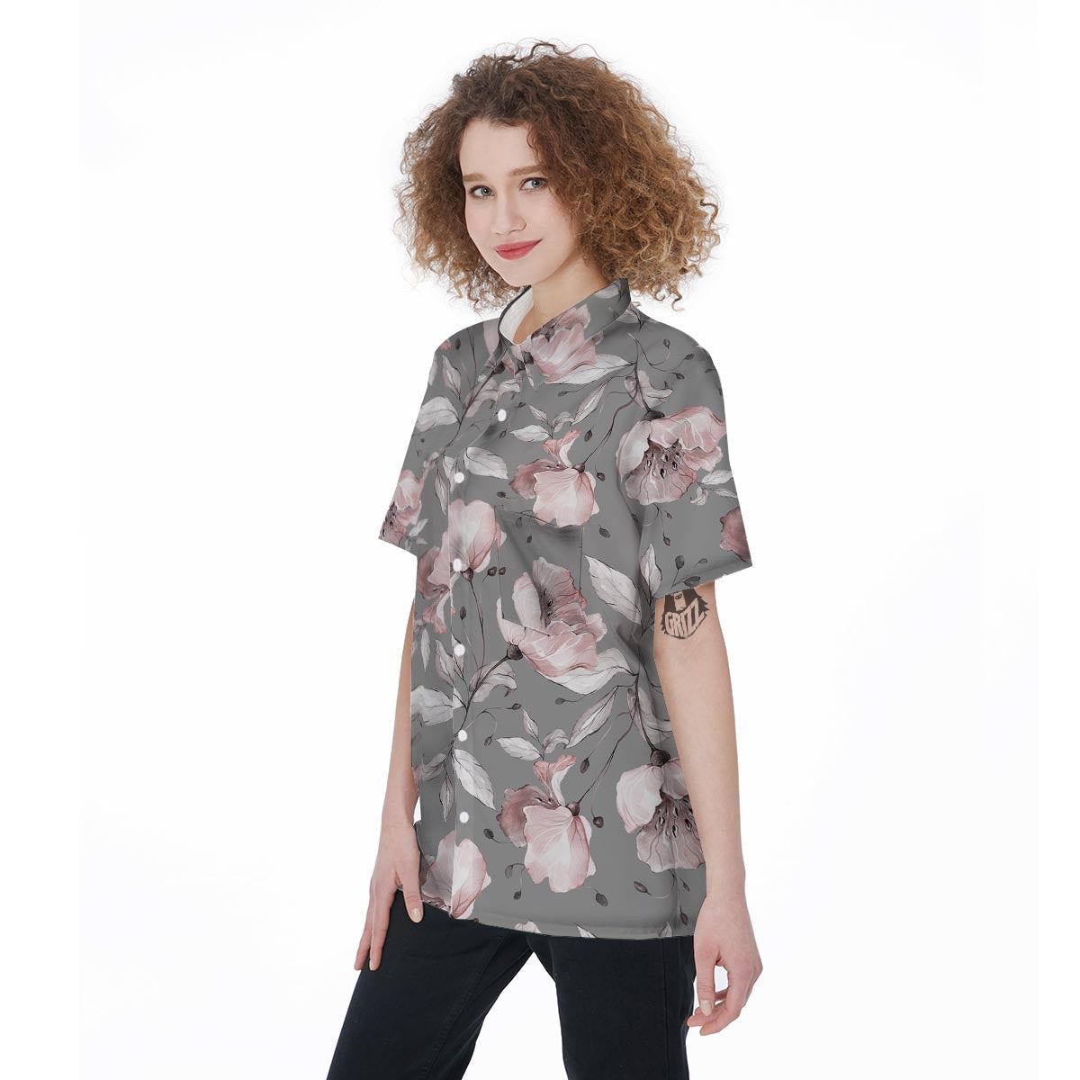 Grey Vintage Floral Print Women's Short Sleeve Shirts-grizzshop