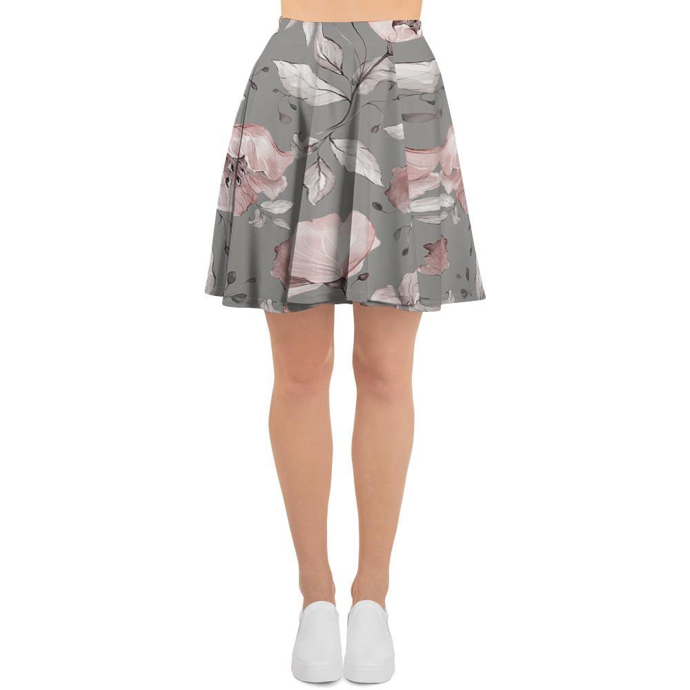 Grey Vintage Floral Print Women's Skirt-grizzshop
