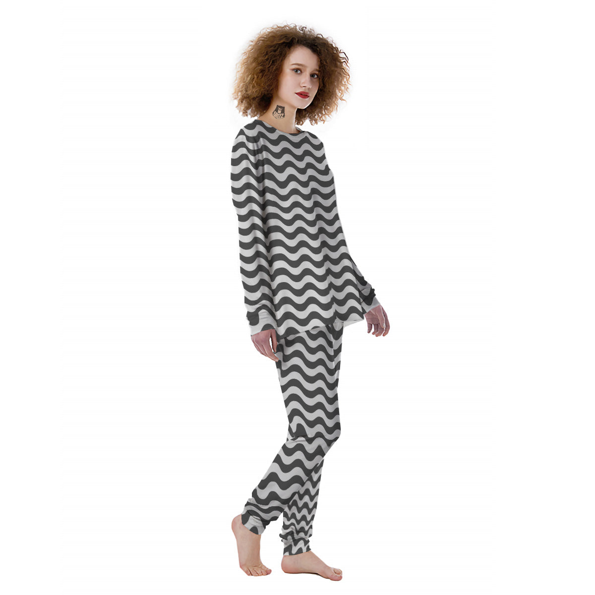 Grey Wave Striped Print Women's Pajamas-grizzshop