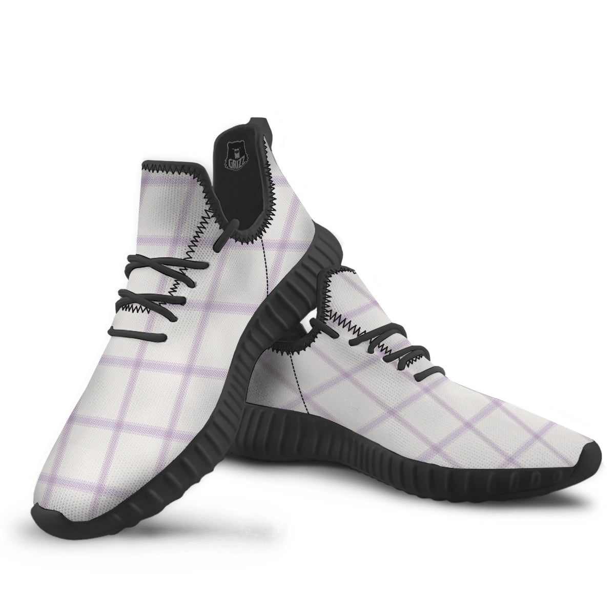 Grey White And Purple Tattersall Print Pattern Black Walking Shoes-grizzshop