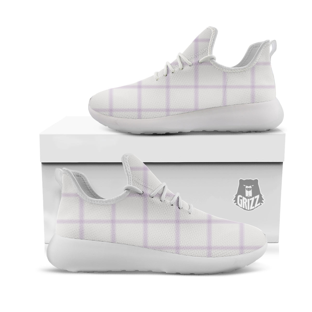 Grey White And Purple Tattersall Print Pattern White Athletic Shoes-grizzshop