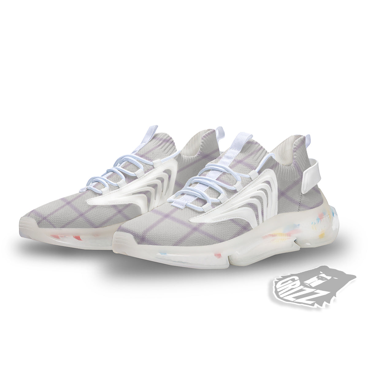 Grey White And Purple Tattersall Print Pattern White Gym Shoes-grizzshop