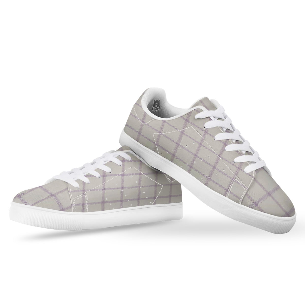 Grey White And Purple Tattersall Print Pattern White Low Top Sneakers-grizzshop