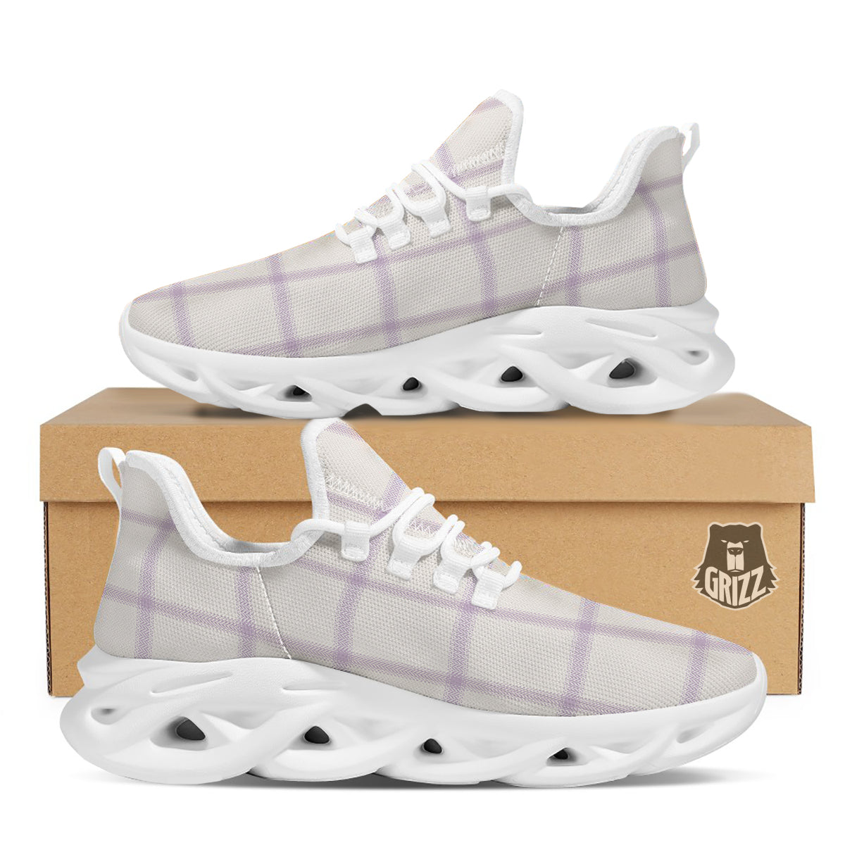 Grey White And Purple Tattersall Print Pattern White Running Shoes-grizzshop