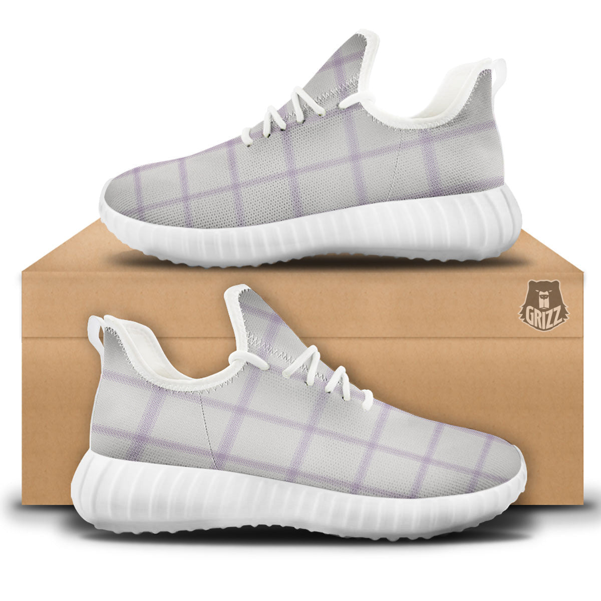 Grey White And Purple Tattersall Print Pattern White Walking Shoes-grizzshop