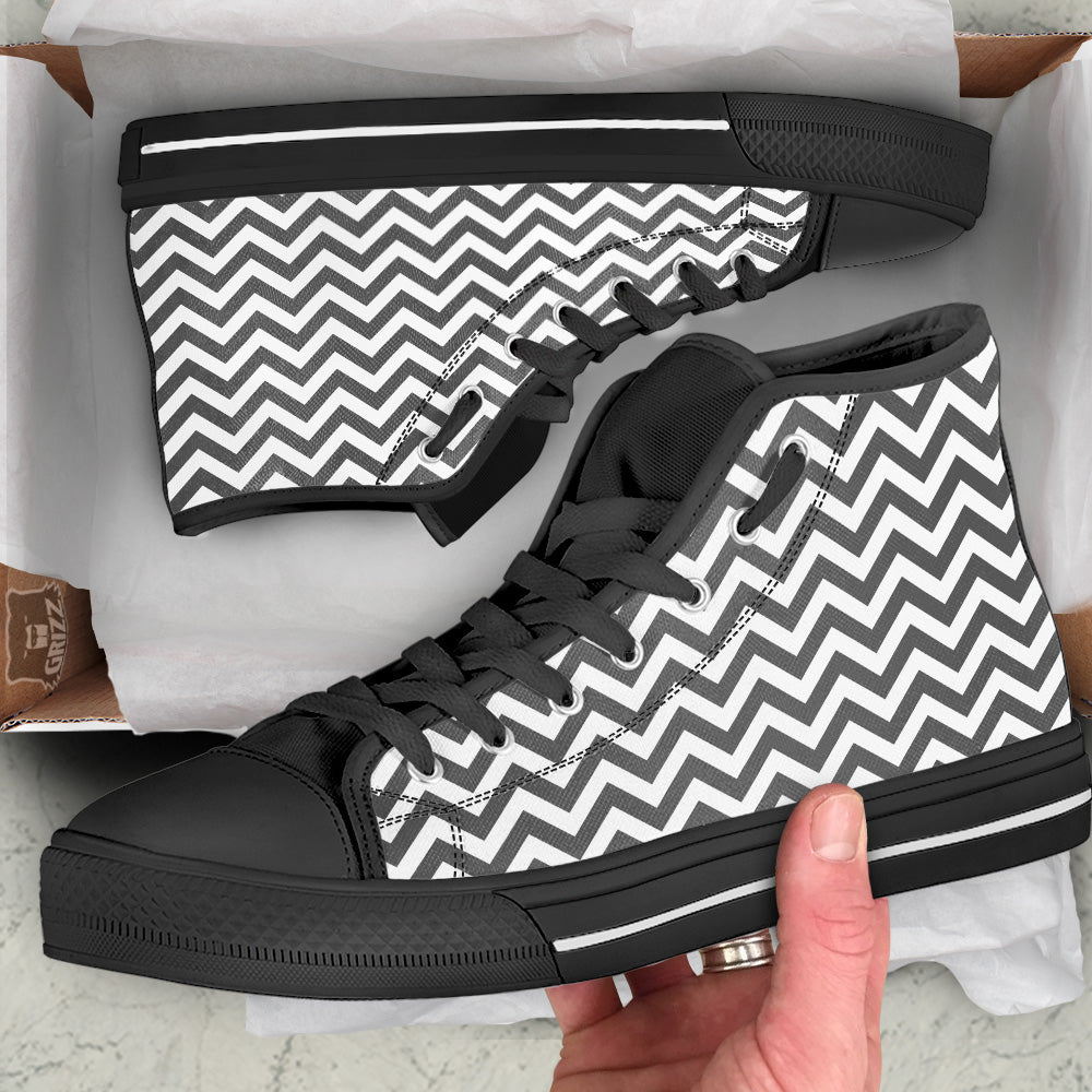 Grey Zigzag Print Pattern Black High Top Shoes-grizzshop