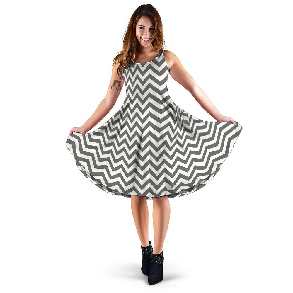 Grey Zigzag Print Pattern Dress-grizzshop