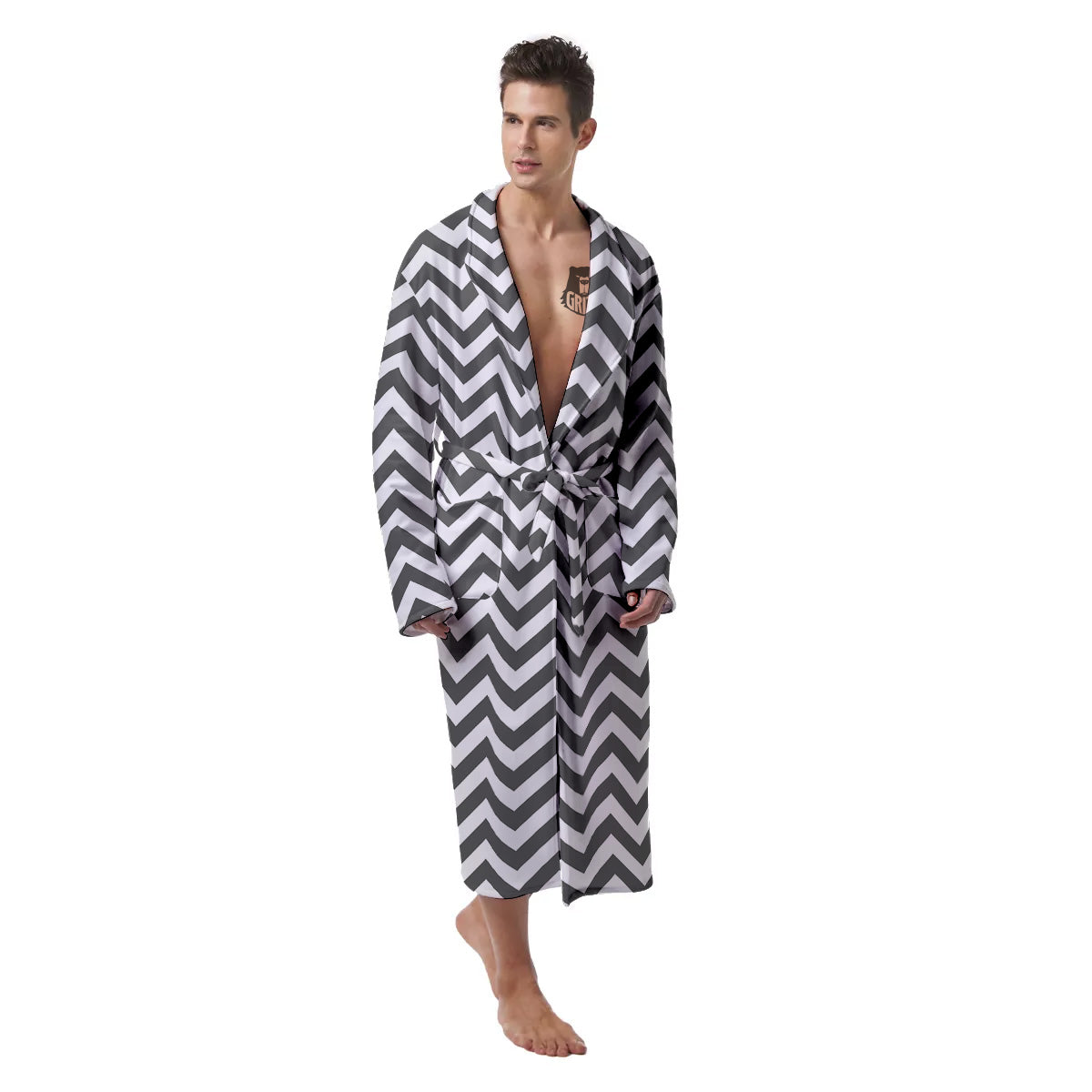 Grey Zigzag Print Pattern Men's Robe-grizzshop