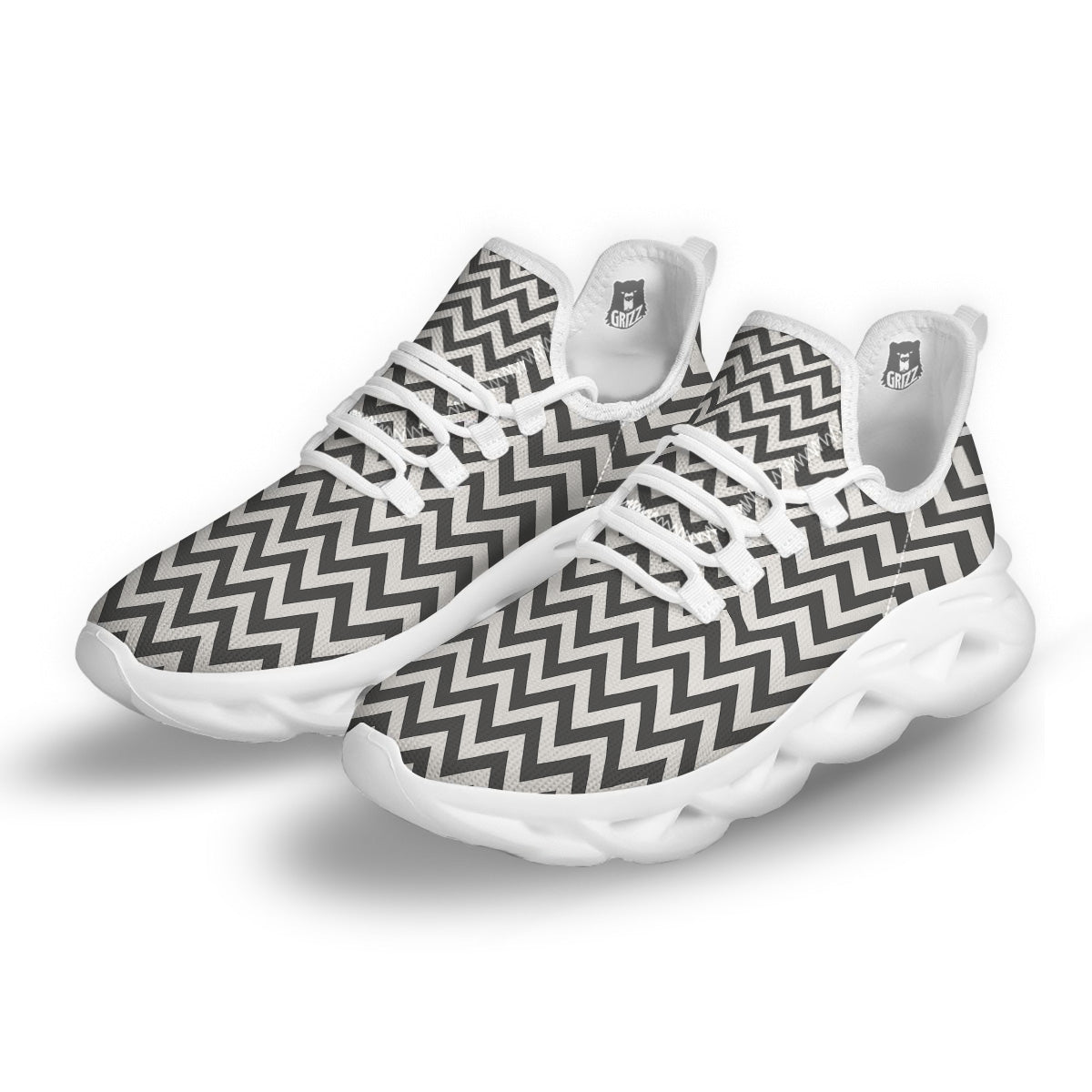 Grey Zigzag Print Pattern White Running Shoes-grizzshop