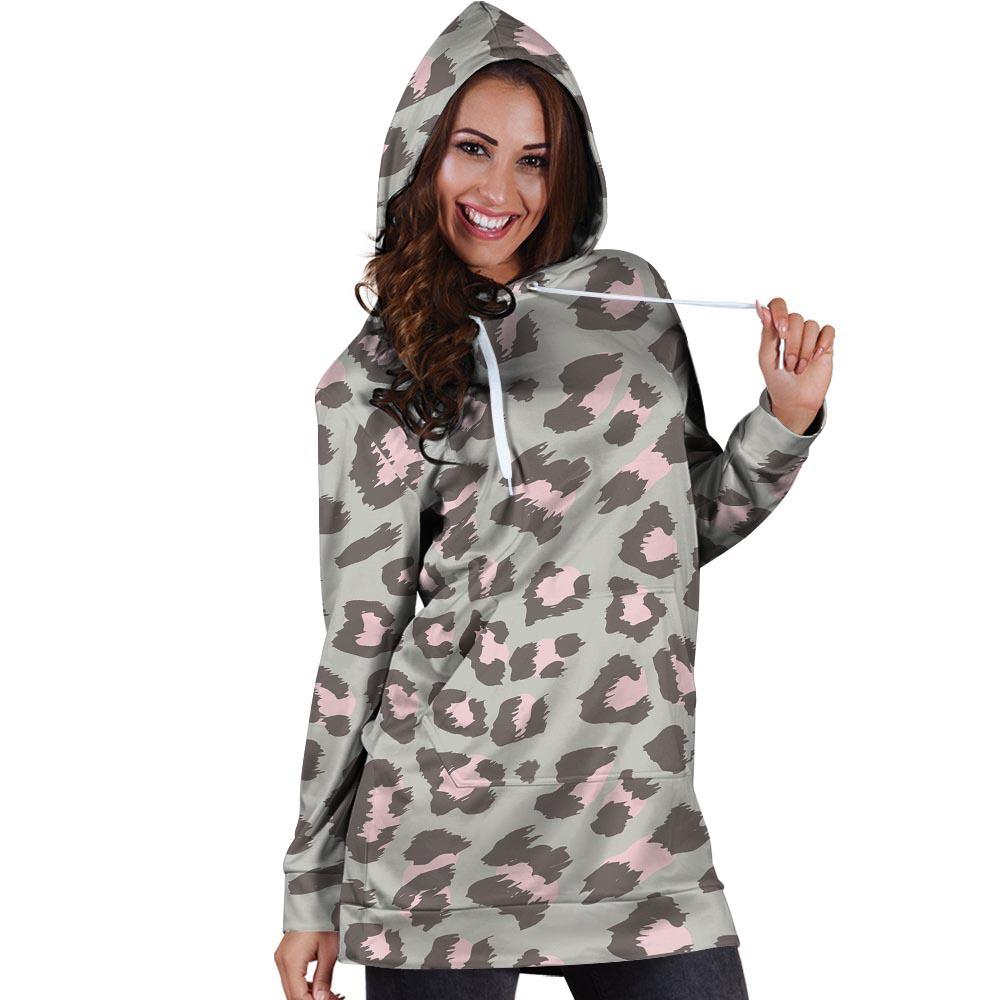 Grey and Pink Leopard Hoodie Dress-grizzshop