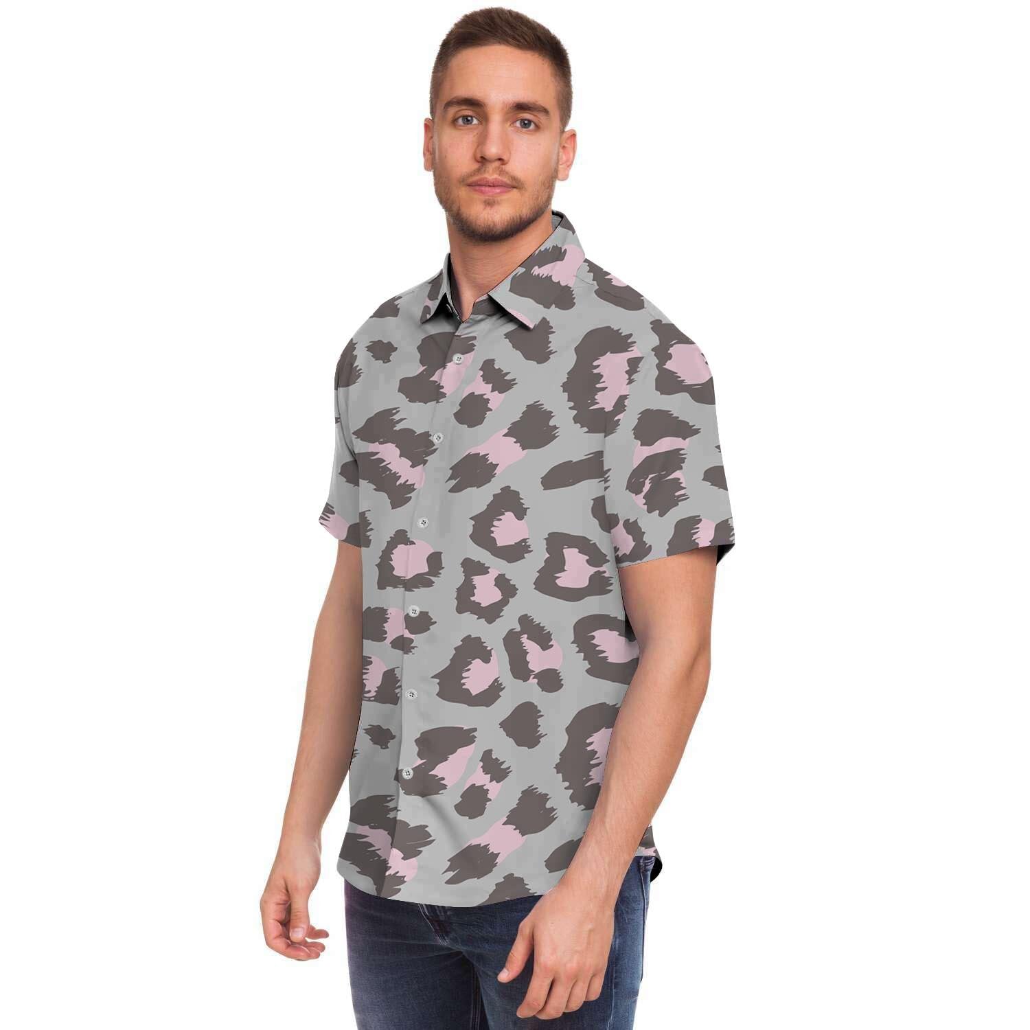 Grey and Pink Leopard Men's Short Sleeve Shirt-grizzshop