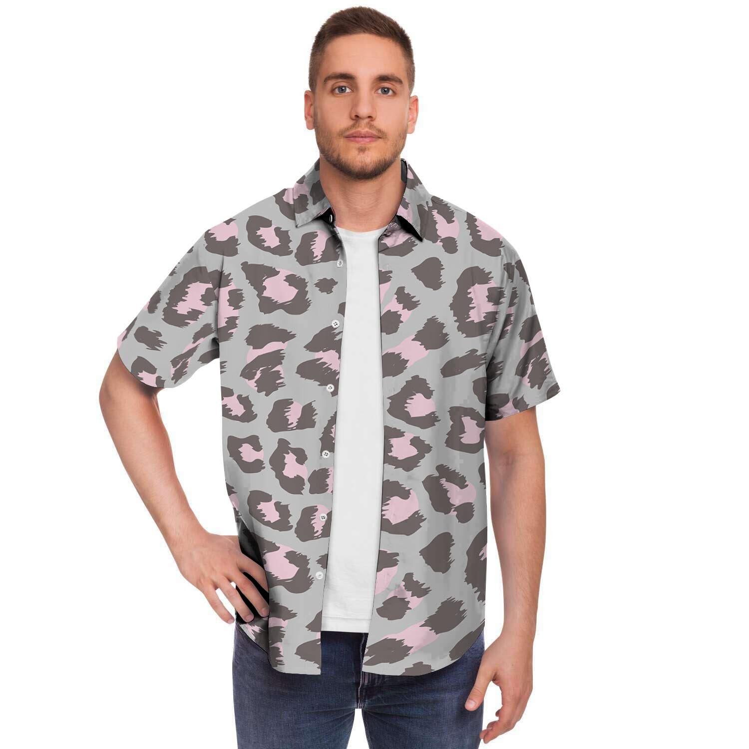 Grey and Pink Leopard Men's Short Sleeve Shirt-grizzshop