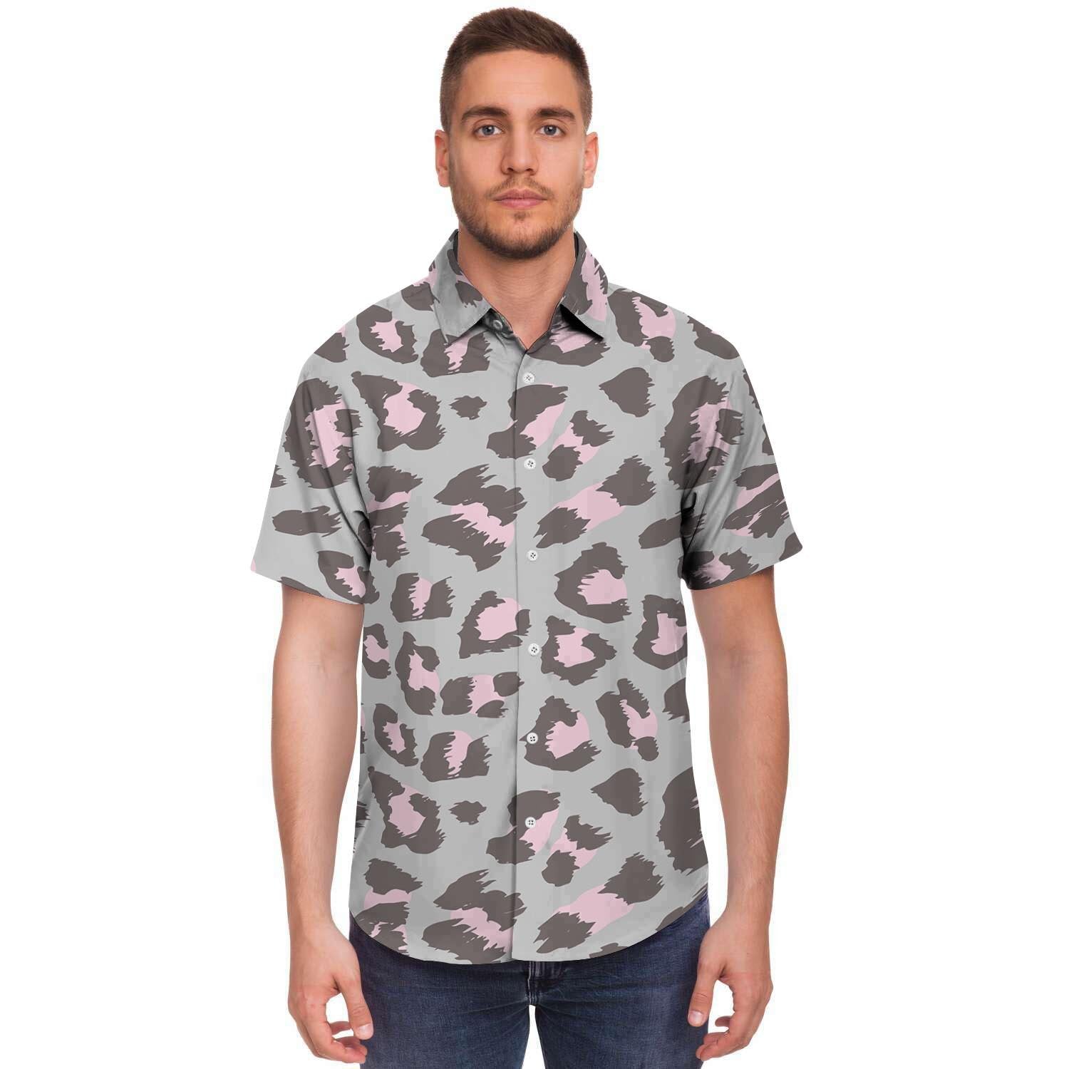 Grey and Pink Leopard Men's Short Sleeve Shirt-grizzshop