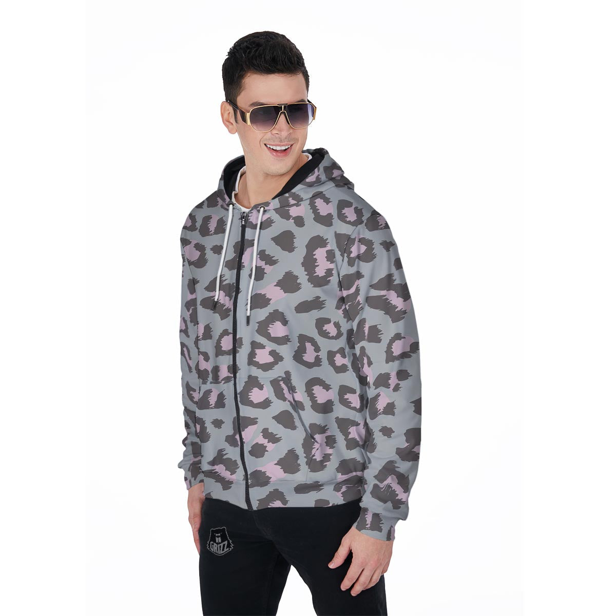 Grey and Pink Leopard Men's Zip Up Hoodie-grizzshop