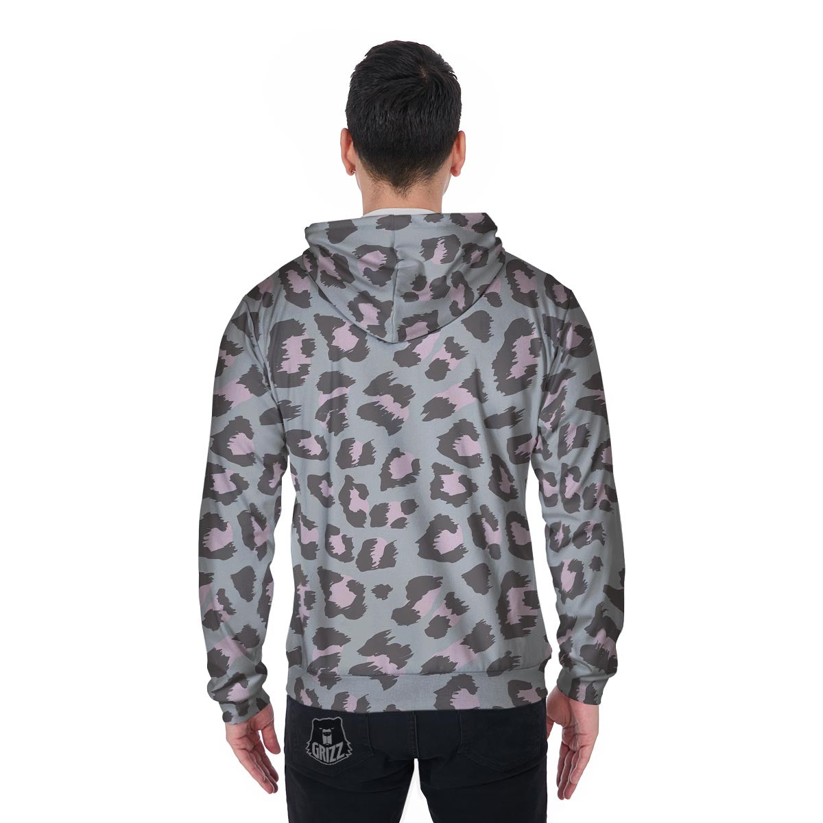 Grey and Pink Leopard Men's Zip Up Hoodie-grizzshop